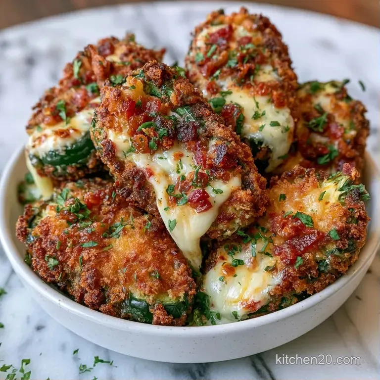 Sizzling bacon-wrapped peppers with golden breading, arranged neatly on a white plate with fresh parsley accents.