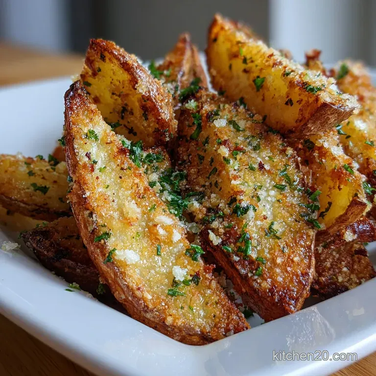 Perfectly arranged potato wedges, golden & crisp, dusted with parmesan. A dipping sauce sits beside, ready for a delicious...