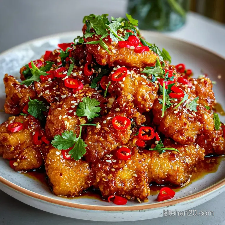 Crispy sweet chili chicken artfully arranged on a white plate, garnished with sesame seeds and vibrant green scallions.