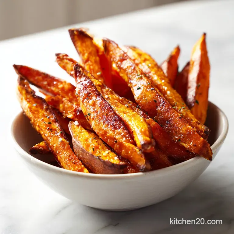 Stacked sweet potato fries, vibrant orange hue, served in a small metal basket beside a creamy, pale dipping sauce. Simple...