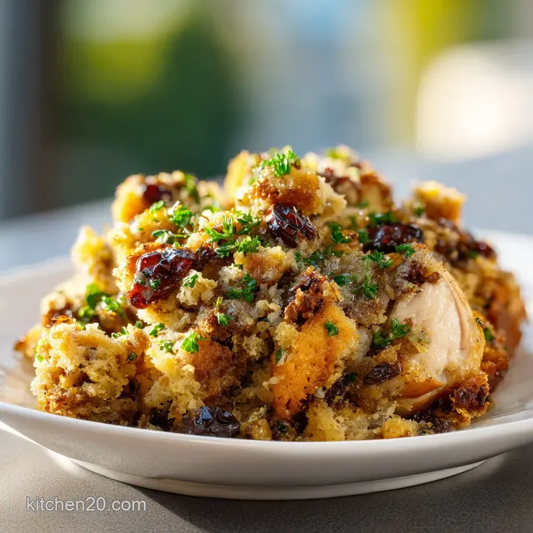 Plated chicken and stuffing with a savory gravy drizzle. Parsley garnish adds a fresh touch, steam rises indicating warmth.