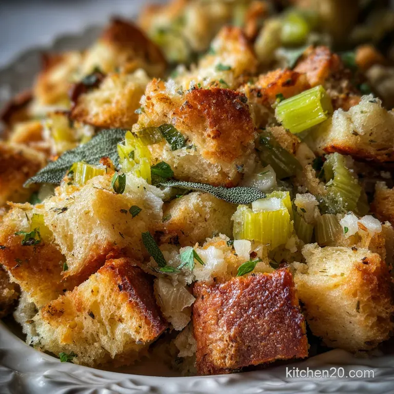 Fluffy, golden-brown dressing, elegantly spooned onto a white plate. Notice the crispy edges and moist interior. Ready to ...