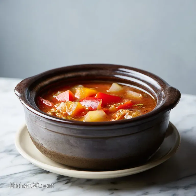 A steaming bowl of vibrant stuffed pepper soup, showcasing colorful diced peppers and glistening ground beef, garnished wi...