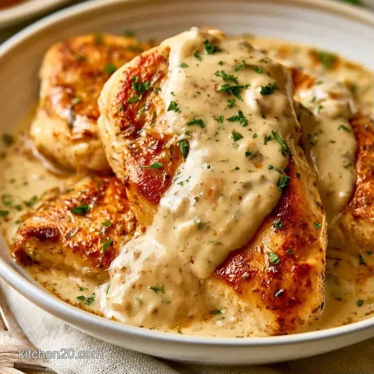 Golden chicken breasts in a velvety cream sauce with bright spinach and sun-dried tomatoes on a white ceramic plate.