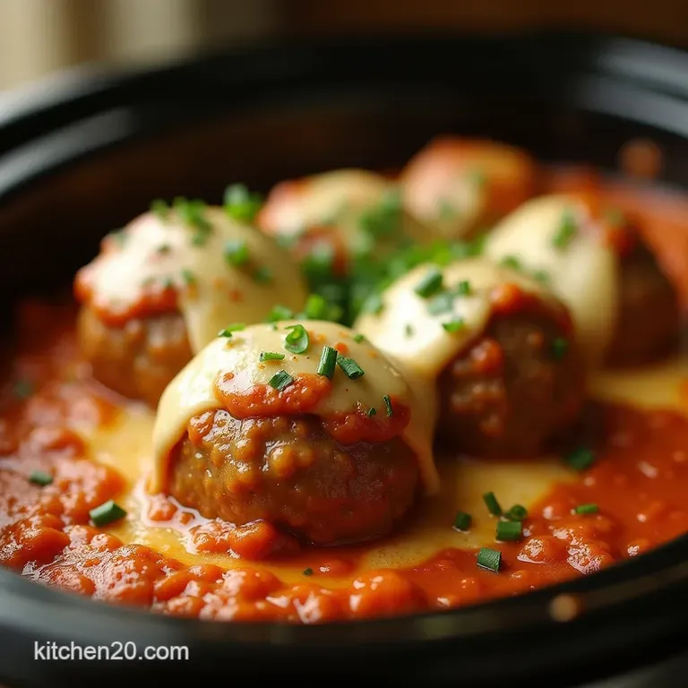 The Parisian Slow Cook Savory Crockpot French Onion Meatballs with Gruyère Melt presentation