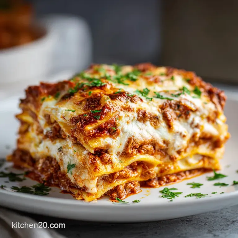 A neat square of layered pasta topped with melted mozzarella and fresh basil on a minimalist white ceramic plate.