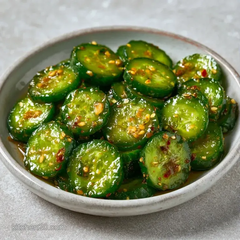 Thinly sliced cucumbers in a white ceramic bowl, topped with toasted sesame seeds and a drizzle of dark savory sauce.