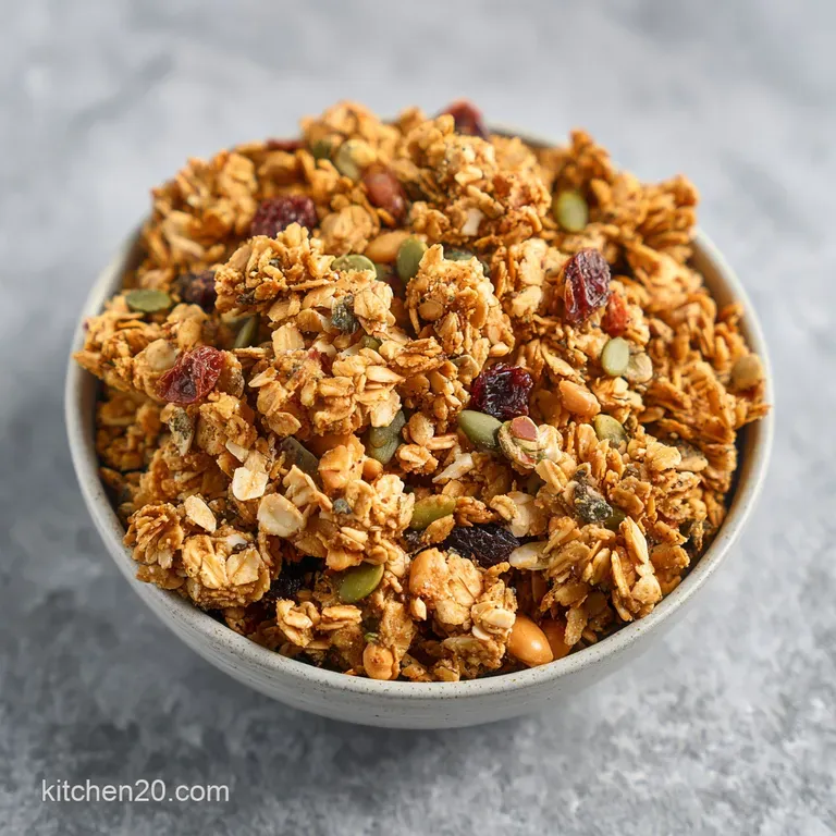 A rustic bowl overflowing with large, nutty granola clusters, artfully arranged with a sprinkle of fresh berries.