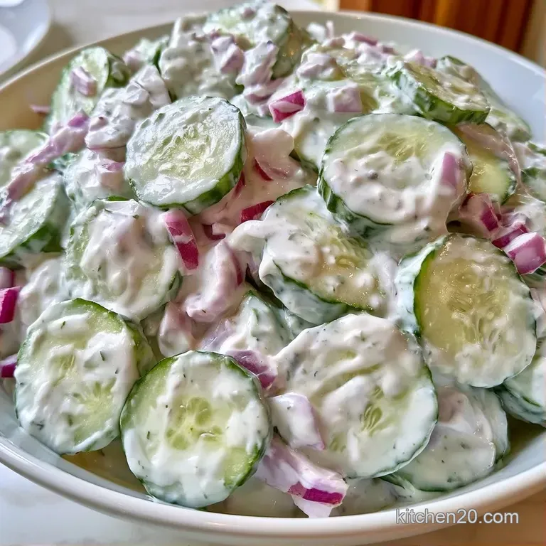 Chilled cucumber rounds tossed in creamy dressing, served in a white bowl with a sprig of fresh dill on top.