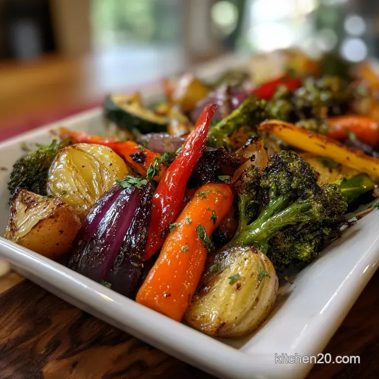 Artfully plated roasted vegetables glistening with oil and herbs, a vibrant and inviting dish for dinner.