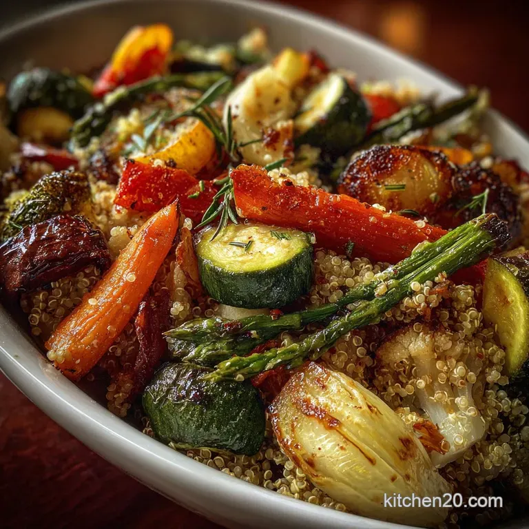 A vibrant bowl filled with quinoa and tender roasted vegetables, artfully arranged and garnished with fresh herbs. Earthy ...