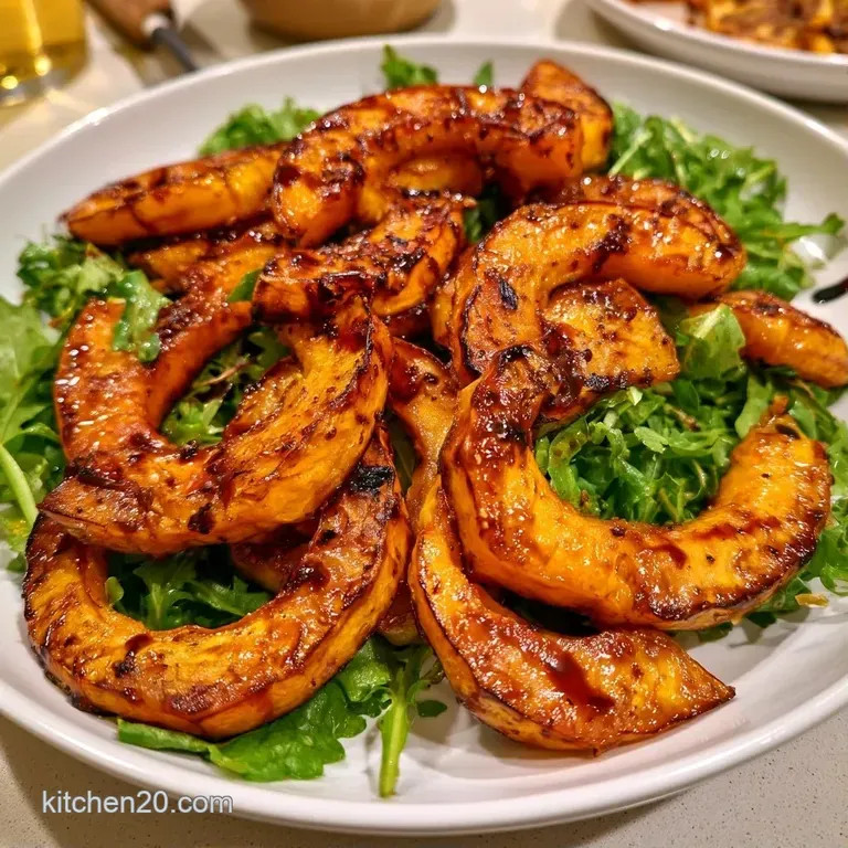 Golden squash crescents arranged over a bed of fresh arugula on a white ceramic plate with a drizzle of dark balsamic.