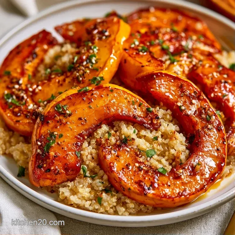 Roasted orange squash slices arranged over a bed of nutty grains with a sprinkle of seeds and a light creamy dressing