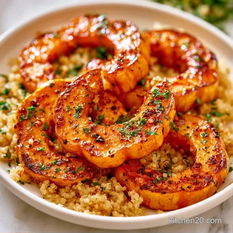 Golden roasted squash slices atop fluffy quinoa, garnished with toasted seeds and fresh greens on a matte plate.