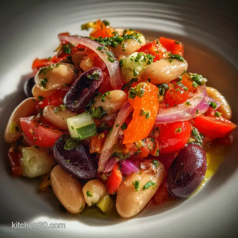 Close-up of a vibrant bean salad served in a white bowl; a bright, healthy, and enticing meal prep idea.