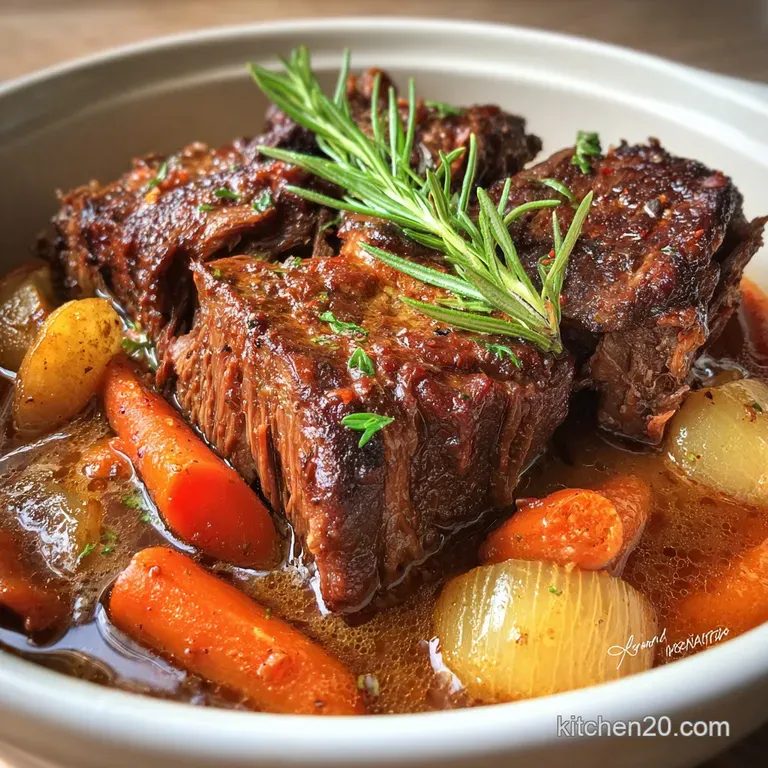 Tender slices of pot roast with glazed carrots and potatoes, artfully arranged on a white plate, topped with fresh thyme s...