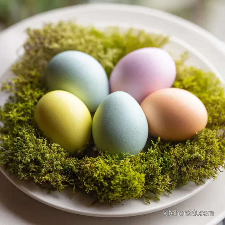 Pastel-colored boiled eggs arranged in a circular wreath on a white ceramic platter with sprigs of fresh greenery.
