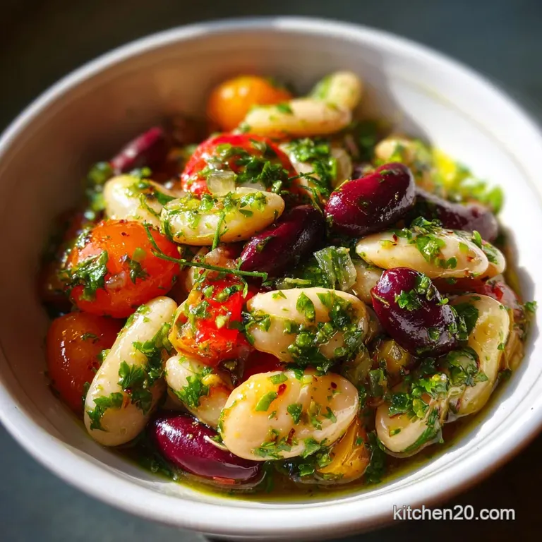 Elegant bean salad in a white bowl, showcasing a medley of textures and hues. Earthy tones from the beans are brightened b...