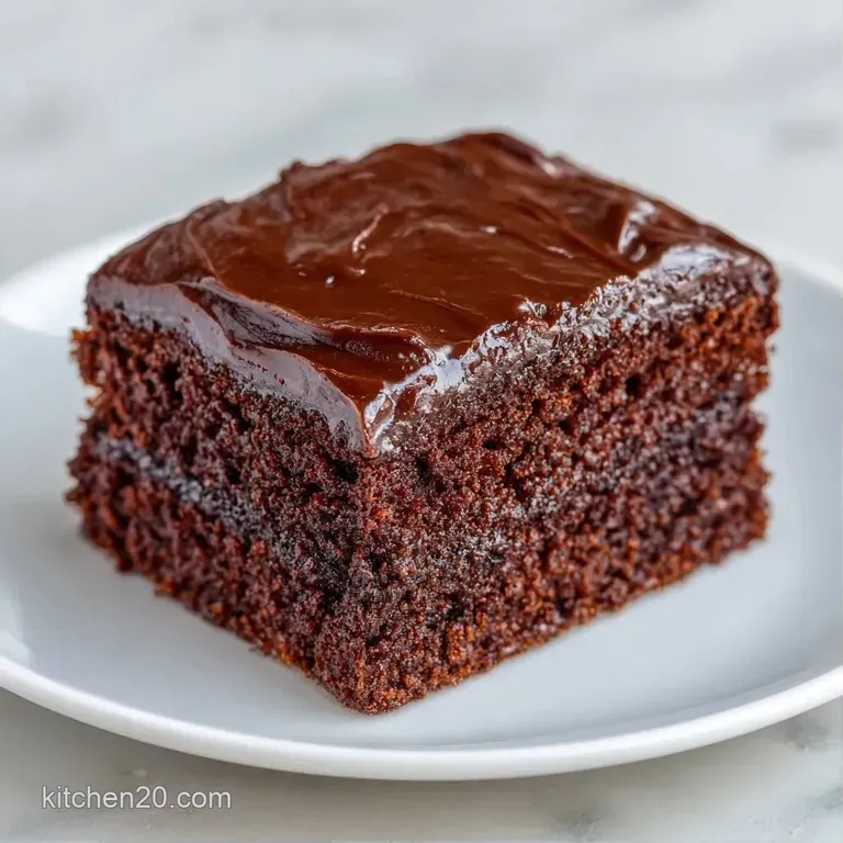 A square slice of dark cocoa cake with thick chocolate icing on a white plate, garnished with a fresh raspberry
