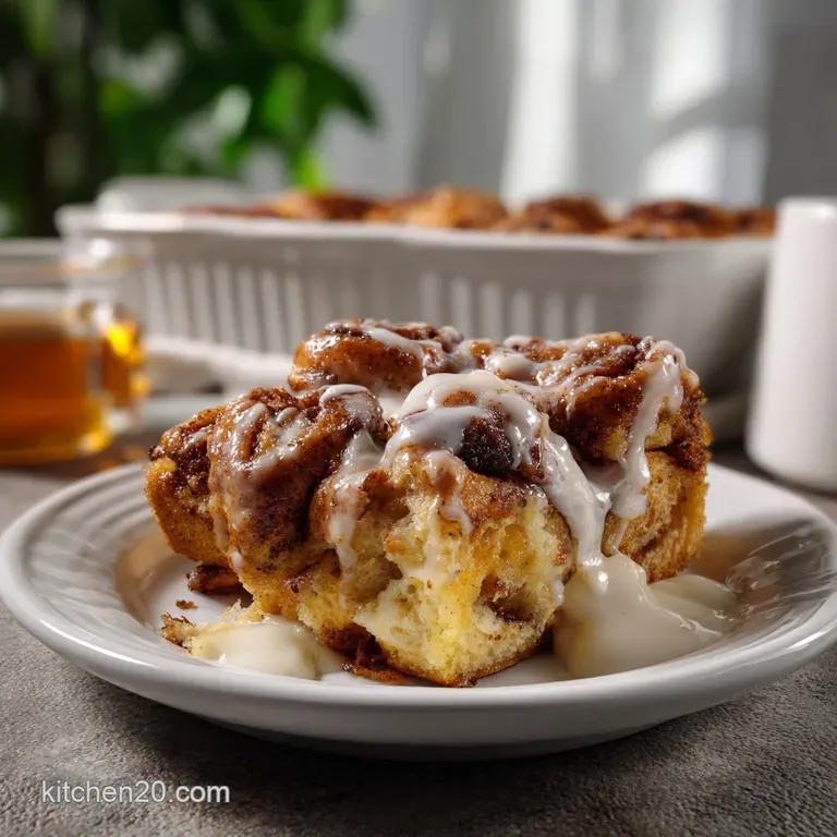 Individual portions of warm cinnamon roll casserole, drizzled with vanilla glaze, and garnished with a sprinkle of chopped...