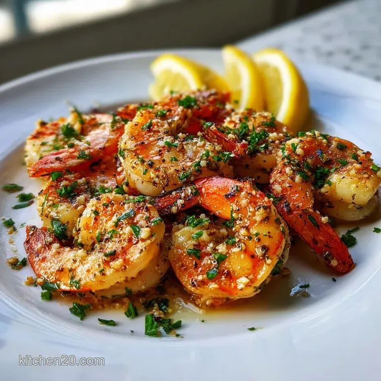 Elegant plate of creamy garlic shrimp, parsley garnish. Sauce pools invitingly, hints of garlic and spice. Shimmering, jui...