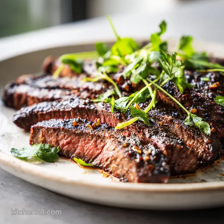 Elegant plating of thinly sliced, seared flank steak fanned out with vibrant roasted vegetables and a sprinkle of herbs.