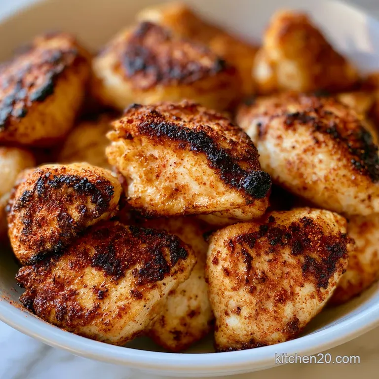 Searing chicken morsels arranged on a white ceramic plate with bright lemon wedges and a sprinkle of fresh herbs.