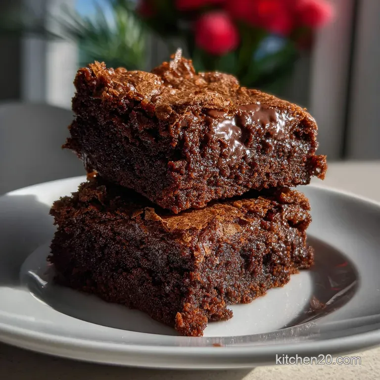 Rich, dark-brown brownie square with a crackled top, plated with a scoop of vanilla ice cream and a drizzle of chocolate s...