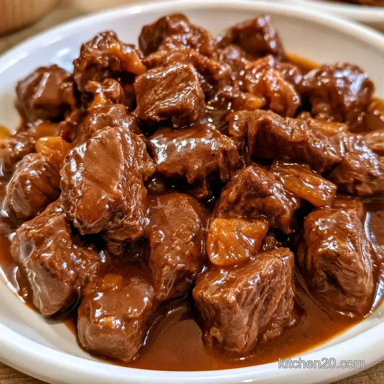 Succulent beef medallions drizzled with dark savory sauce, plated on a white dish with a sprig of fresh parsley.
