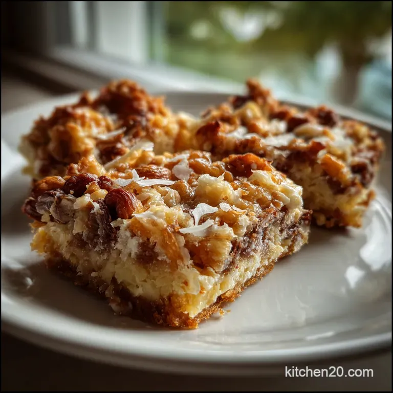 Elegant plate featuring a single square of a magic bar. The caramel glistens invitingly, contrasting against the dark choc...