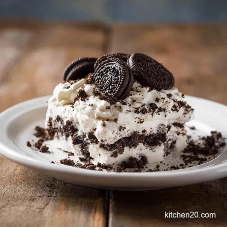 Oreo fluff dessert in a glass bowl. Soft, white peaks dotted with dark Oreo chunks offer a tempting, creamy delight.
