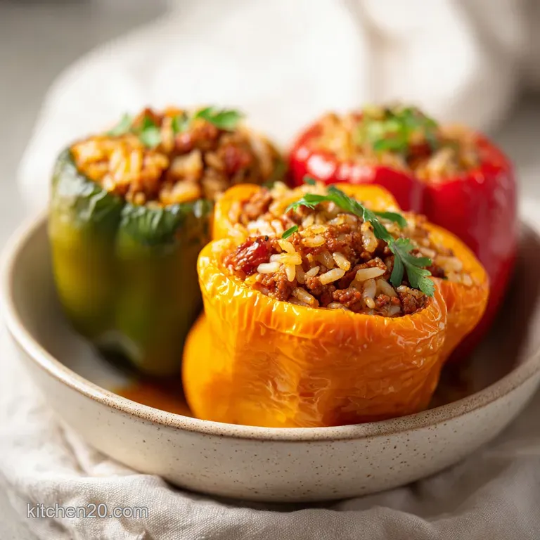 A trio of perfectly baked stuffed peppers, glistening and nestled on a white plate with a fork nearby.