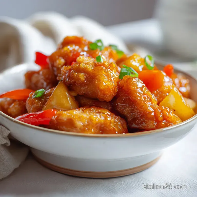 A glistening mound of sweet and sour chicken with pineapple, artfully plated with fluffy white rice and a cilantro garnish.