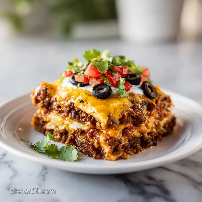 Slice of taco casserole, layered with savory ground beef and cheese. Garnished with cool sour cream and vibrant cilantro o...