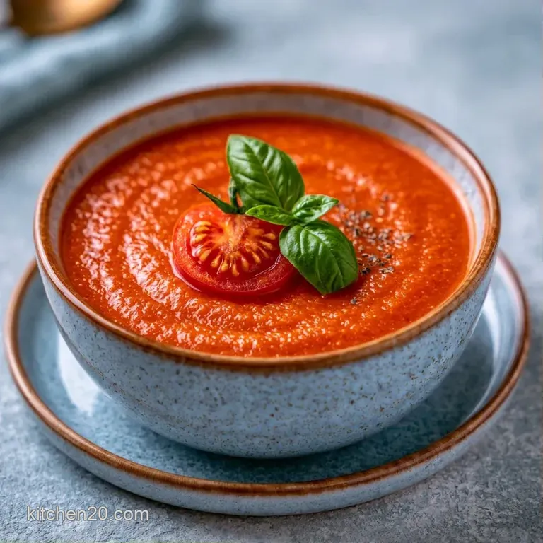 Vibrant red soup served in a white porcelain bowl topped with a drizzle of olive oil and toasted garlic croutons.