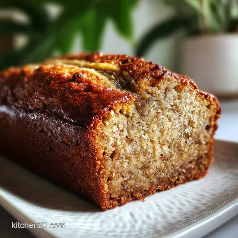 Thick slice of banana bread, artfully plated with a dollop of whipped cream, garnished with a ripe, sliced banana and a du...