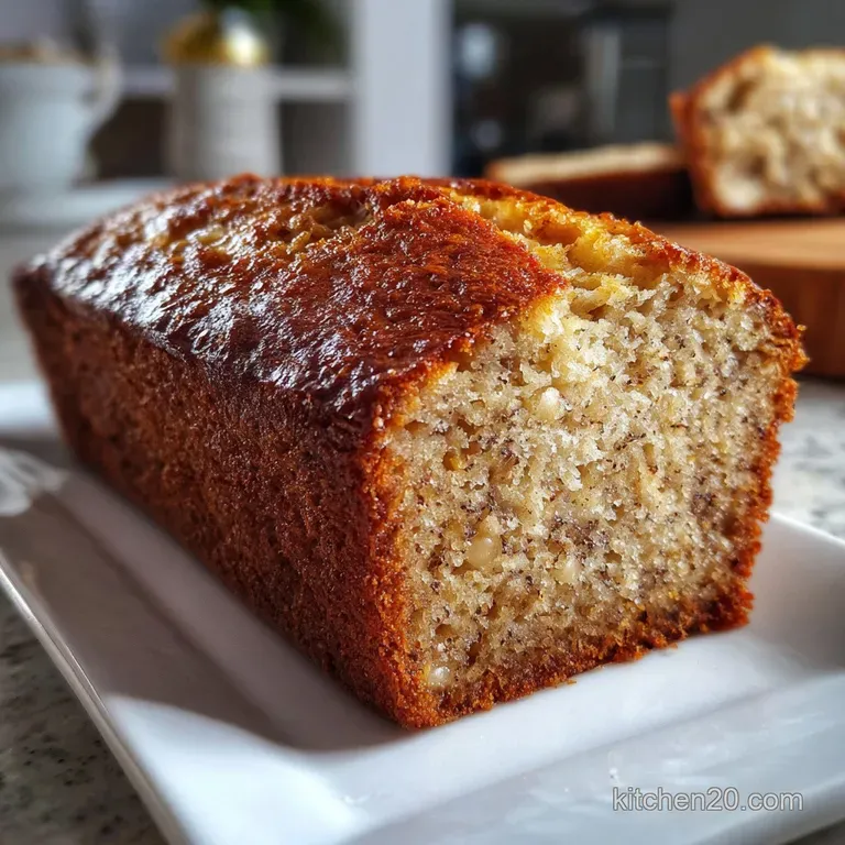 Rustic loaf of banana bread, golden-brown crust with a crackled top, sliced to reveal a moist crumb texture. Scattered wal...