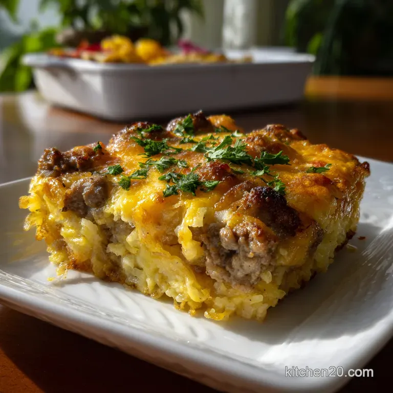 Individual portions of breakfast casserole, garnished with fresh chives, arranged artfully on a white plate. Soft, invitin...