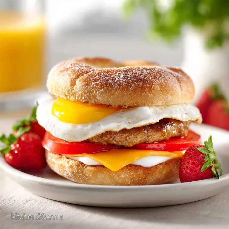 Breakfast sandwich half, oozing melted cheese, resting on a white plate. Bite taken, showing egg and ham layers.