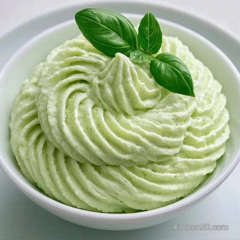 Elegant swirl of light green cream on a white plate, garnished with a tiny basil leaf and white chocolate curls.