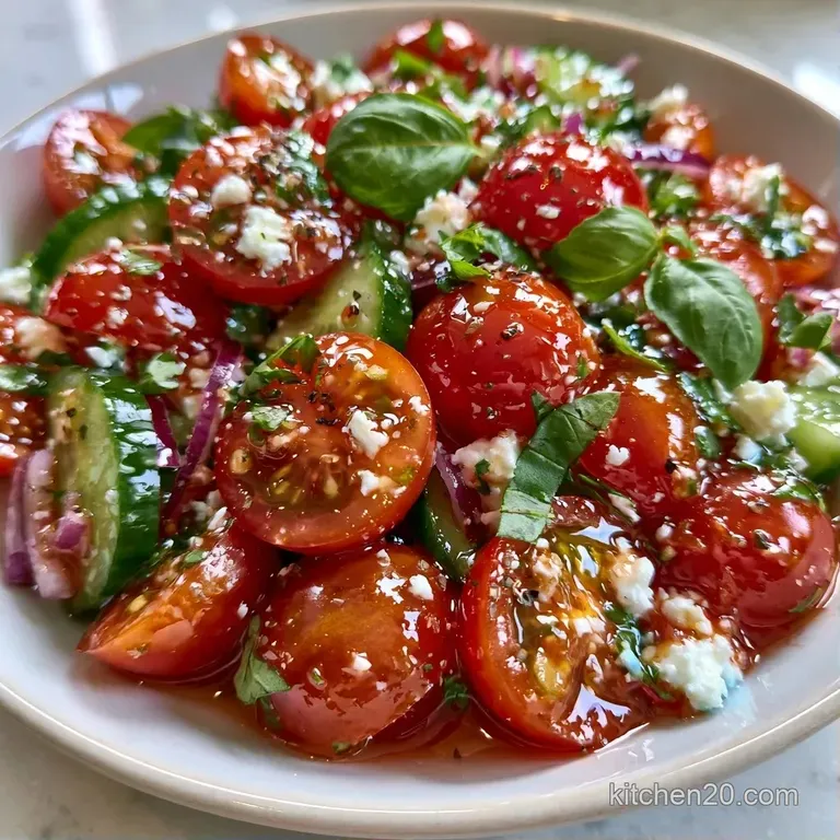 Bright red tomatoes and pearly mozzarella pearls arranged on a white ceramic plate with a drizzle of golden oil.