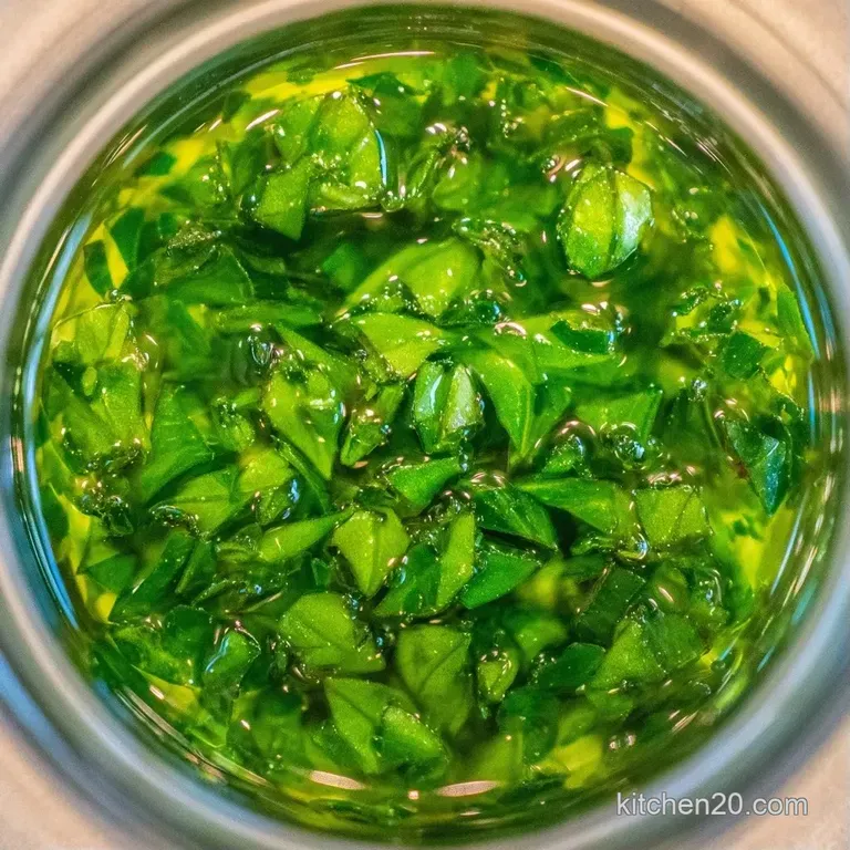 Elegant glass bottle of bright emerald oil on a white marble slab, accented by a small sprig of lush green basil.