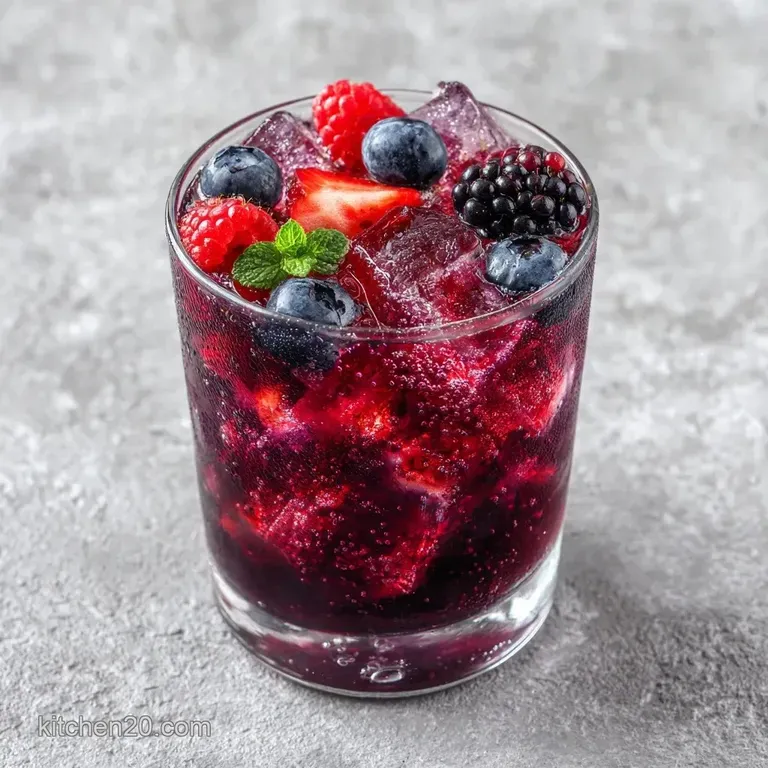 Deep magenta beverage in a fluted glass atop a marble slab, accented by floating berries and fresh mint.