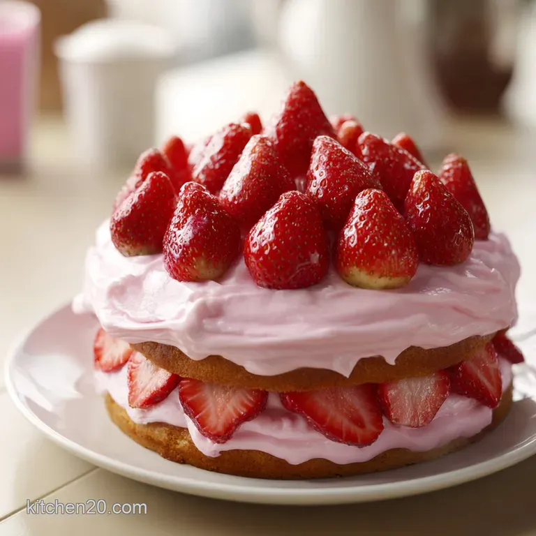An elegant slice of pink cake on a white ceramic plate, garnished with sliced berries and a sprig of fresh mint.