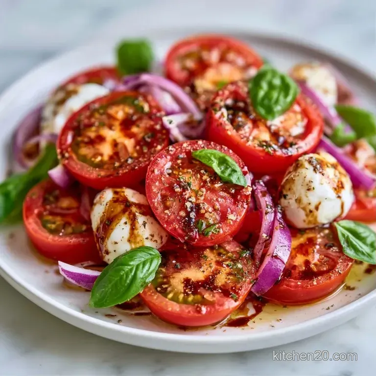 A white ceramic plate featuring vibrant tomato wedges and torn basil leaves sprinkled with coarse sea salt.