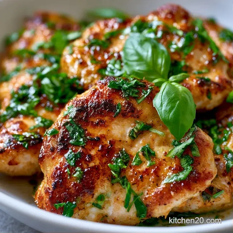 Sliced seared chicken breasts on a white platter, drizzled with herb butter and garnished with bright basil sprigs.