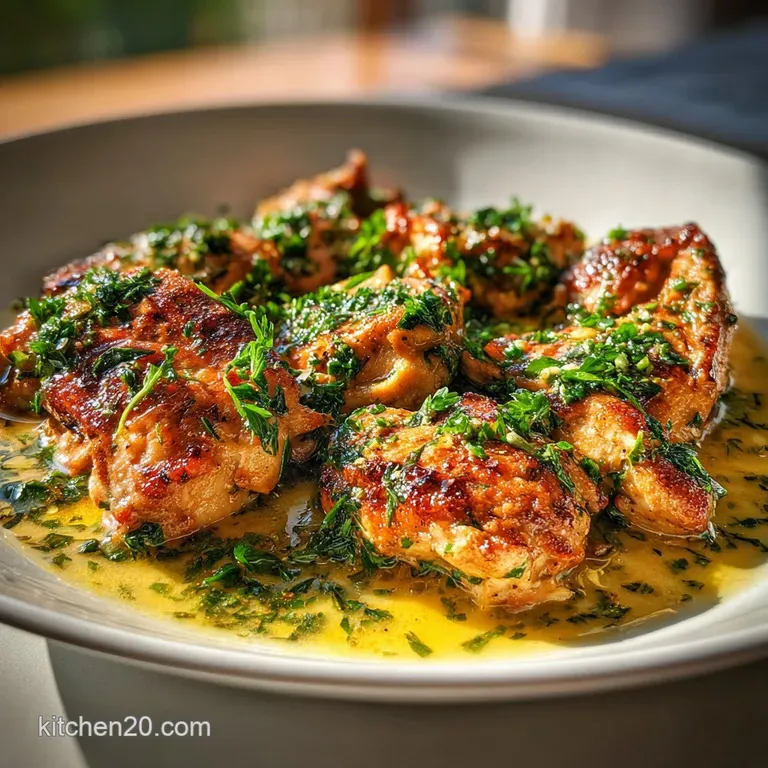 Buttery chicken glistening on a white plate, accented by bright parsley. Sauce appears rich and velvety.