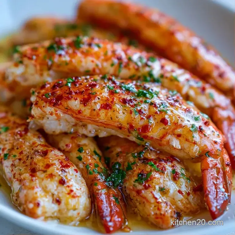 Tender white and red seafood pieces on a white ceramic plate, drizzled with melted butter and a fresh lemon wedge.