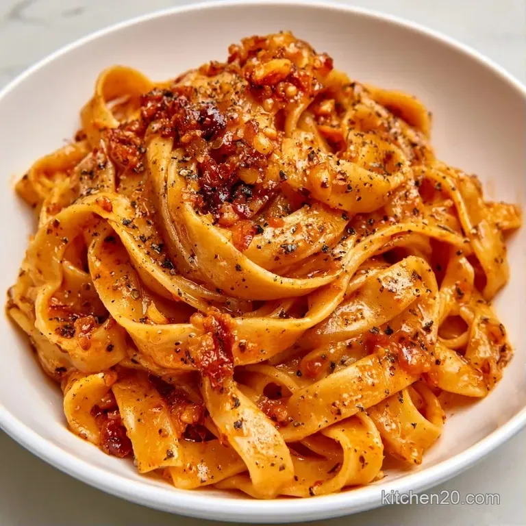Elegant swirl of glossy golden noodles on a white plate, garnished with fresh parsley and toasted garlic bits.