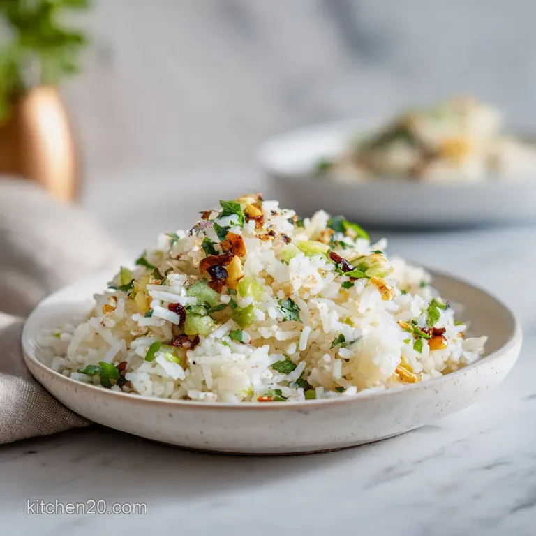 A pristine white bowl filled with shimmering, tender rice, garnished with vibrant green chives.